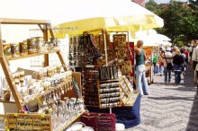 Old castle stairs from Prague Castle with souvenirs